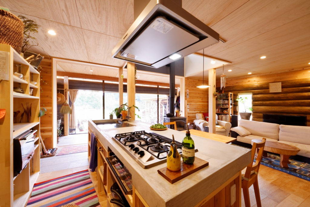 Ｉ型のモルタル仕上げのキッチンカウンター